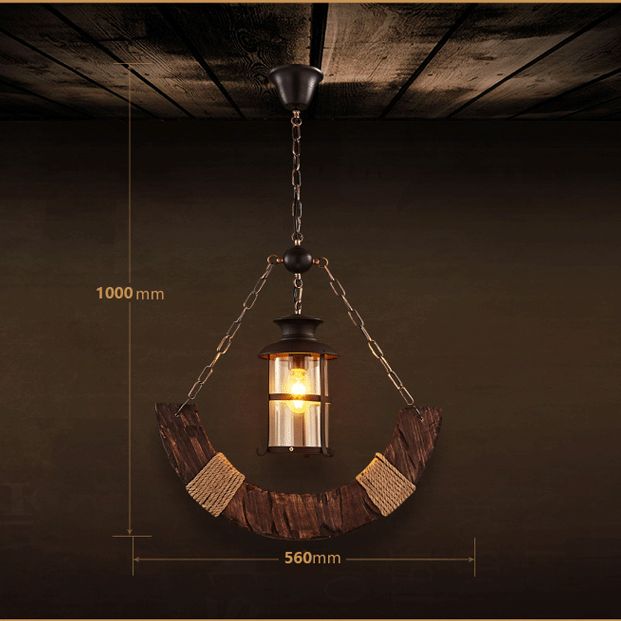 Wooden Distressed Wood Pendant Lighting Fixture Moon-Shape Industrial Pendant Light Kit