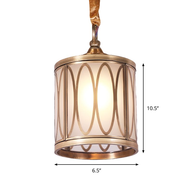 Cylindrical Opal Glass Hanging Light Kit Rural 1 Head Hallway Suspension Pendant Lamp with Circle/Oval Pattern