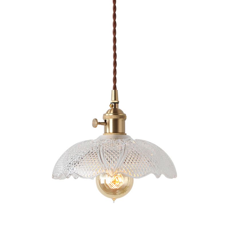 Loft Style Shaded Pendant Light Kit 1-Head Carved Glass Suspension Lighting in Brass