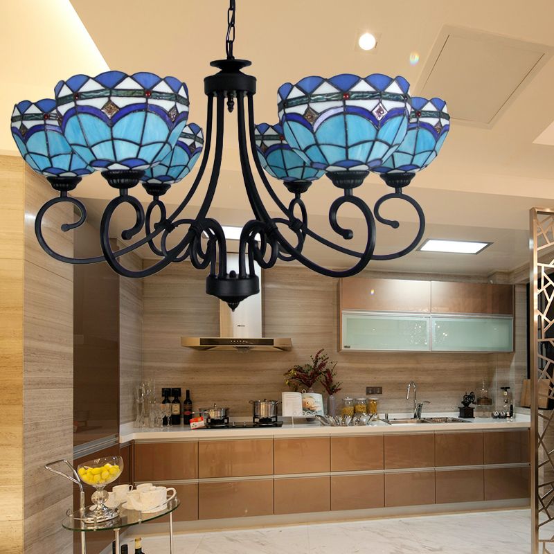 Lámpara de tazón de vidrio azul 6 luces barroca luz colgante con cadena de metal para sala de estar