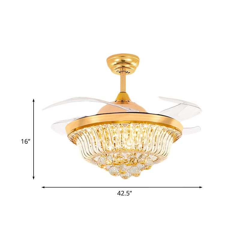 4 messen taps toelopende spoelplafondventilator modern goud kristal semi -vlakke gemonteerde lamp, 42,5 "breedte