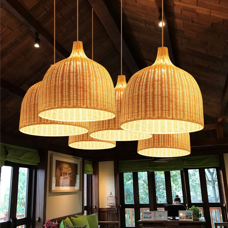 Lampada a sospensione cupola investita a mano in bambù cinese Bamboo tavolo da pranzo a bulba Luce a soffitto in beige