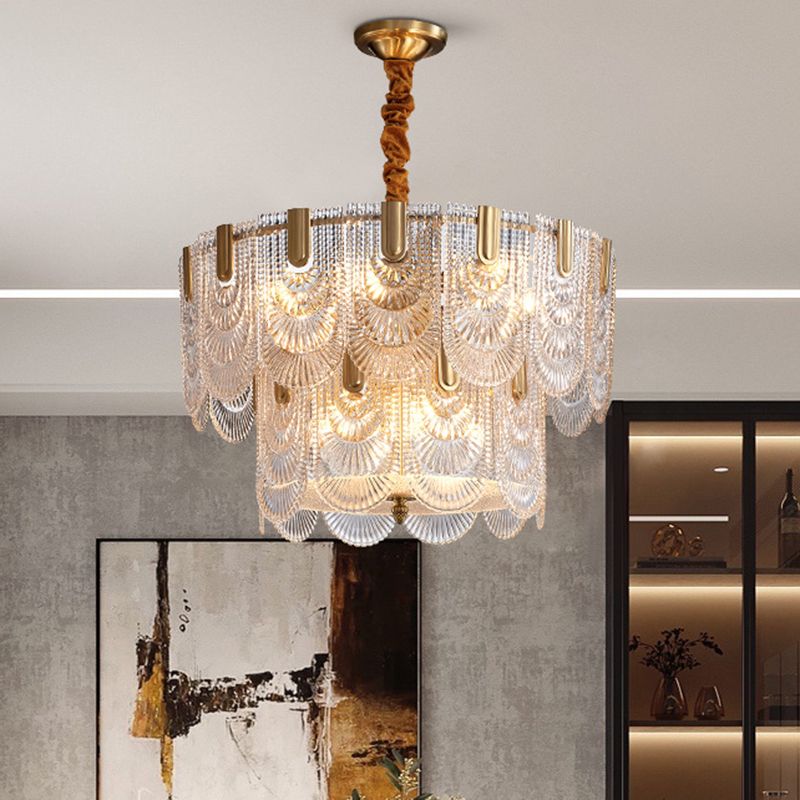 Éclairage de lustre festonné post-Postmodern Ripple Glass Gold Pendant Light pour le salon