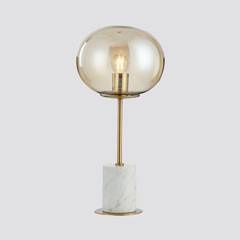 Oblate Bedside Nightstand Lamp Amber Glass 1 Bulb Minimalistic Table Light with Cylindrical Marble Base