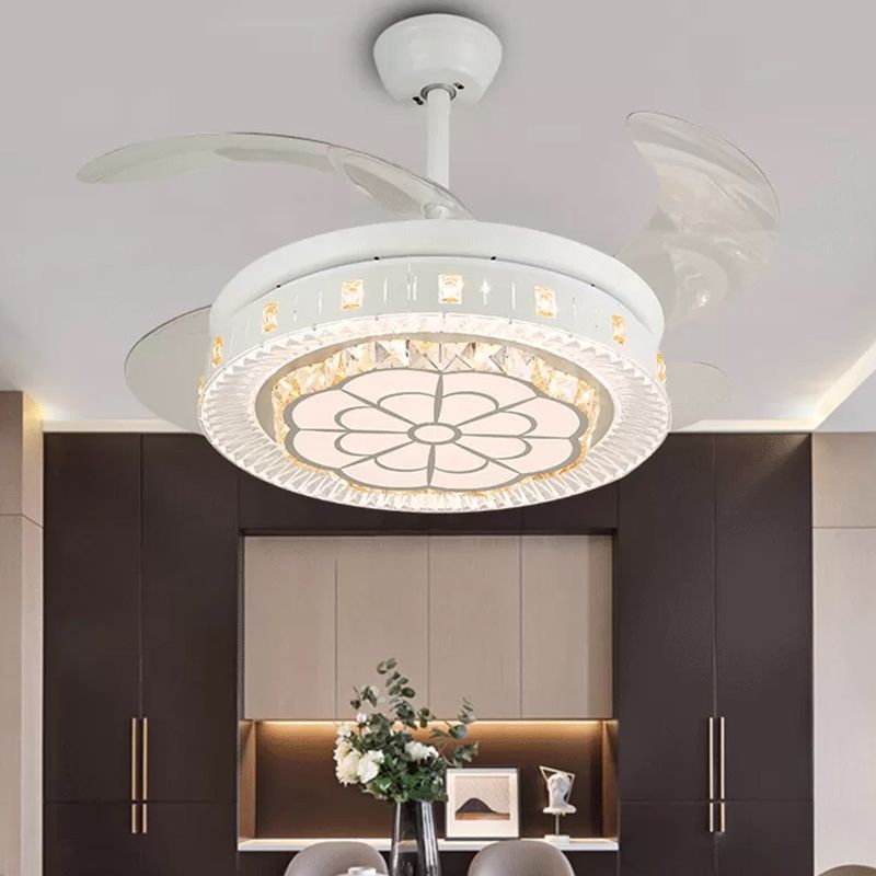 19" Wide White Layered Ceiling Fan Light Modernist LED Crystal Semi Flush Mount, 4 Blades