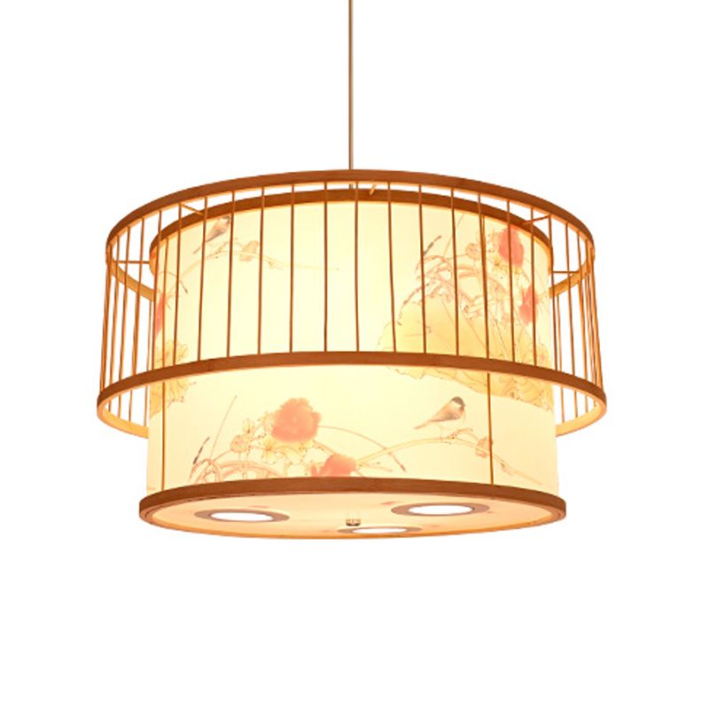 Restaurant de style asiatique Light Light Cylindrical Bamboo Drop Lampe avec teinte imprimée