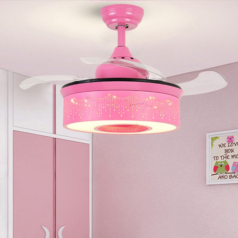 14"/16.5" W Modern LED Fan Lighting Pink/Blue/Green Drum 4 Blades Semi Flush Light with Acrylic Shade, Remote Control