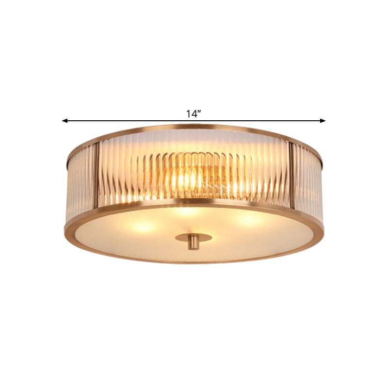 Fluted Drum Bedroom Flush Mount Antiqued Opaline Glass 3 Heads Brass Ceiling Light Fixture