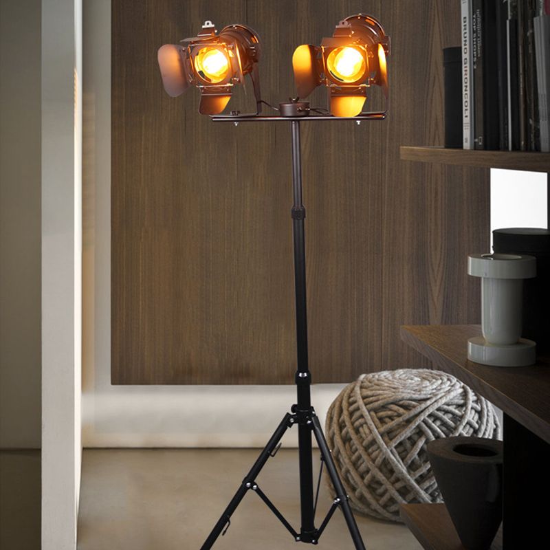 Black/Black and Red 2 Lights Floor Light Industrial Metal Tripod Shade Standing Lamp for Living Room