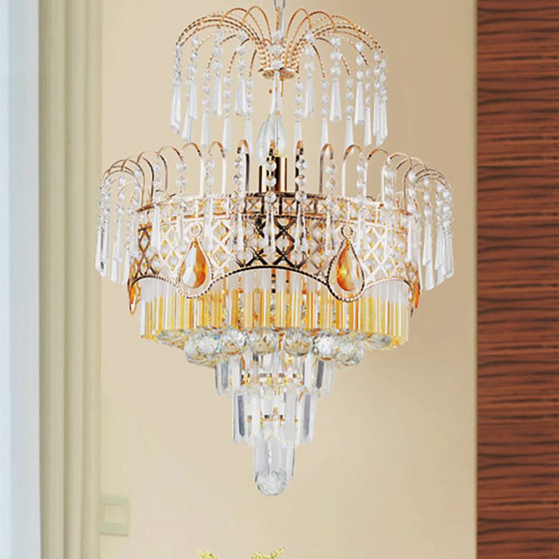 3/7 Lights Dining Room Ceiling Lamp with Layered Crystal Shade Modern Gold Chandelier Light, 18"/19.5" Wide