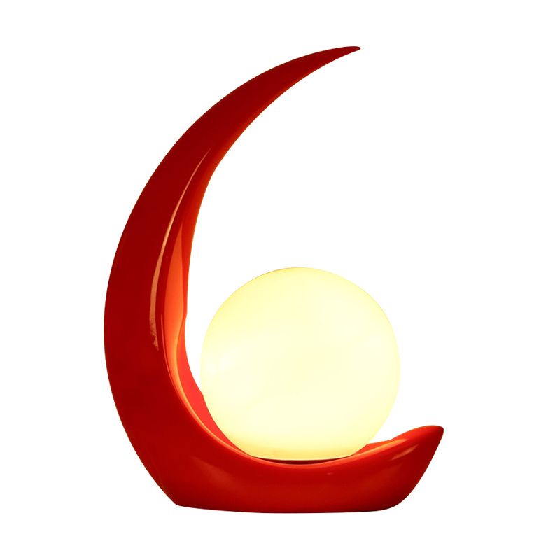 Moon Shape Nightstand Light Minimal Resin 1-Light Red Night Table Lamp with Orb Opal Glass Shade