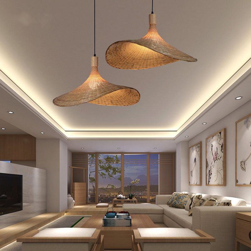 Luz de techo colgante de estilo Asia sombrero de color beige colgante de colgante con sombra de bambú