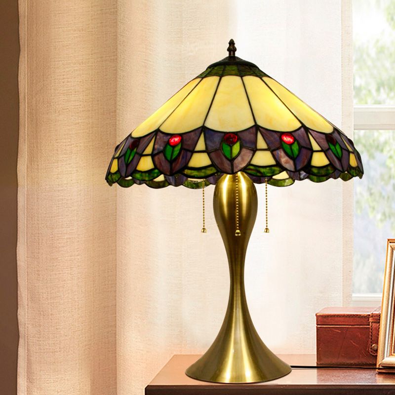 Conic Nightstand Light 3-Head Stained Glass Tiffany Peacock Tail Patterned Table Lighting in Gold with Pull Chain