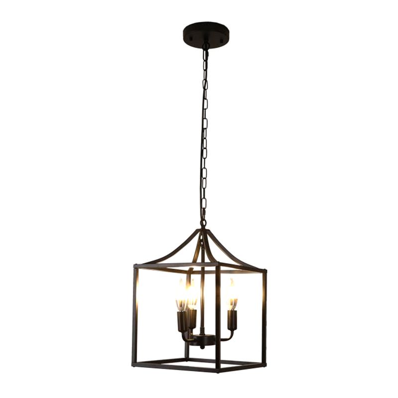 Black 3 Lights Pendant Lighting Retro Square Cage Metal Chandelier Lamp for Diner