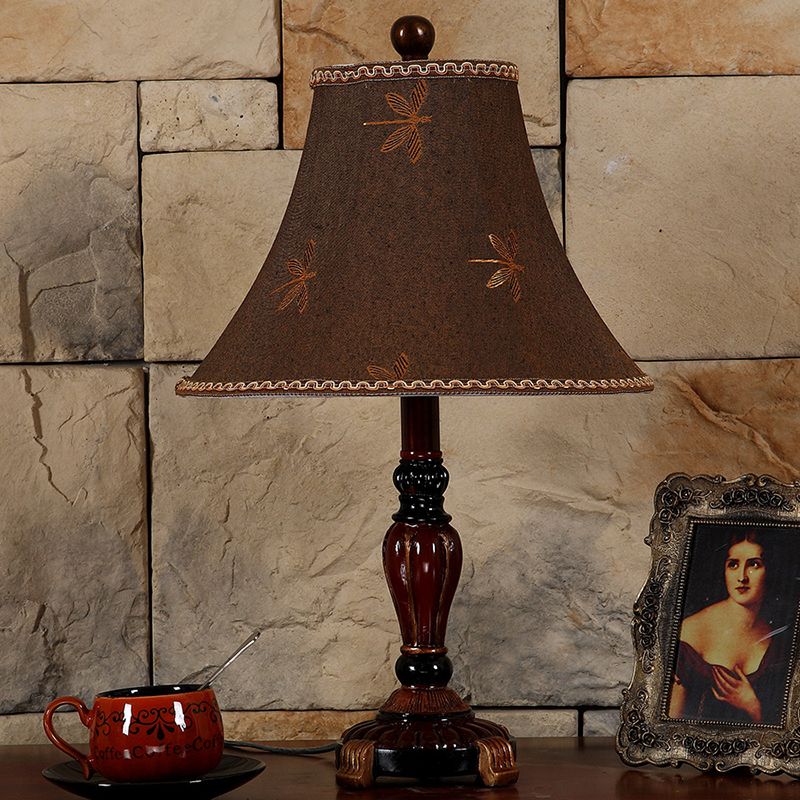 Brown 1 Bulb Table Lighting Traditional Fabric Flared Nightstand Lamp with Trim for Bedroom