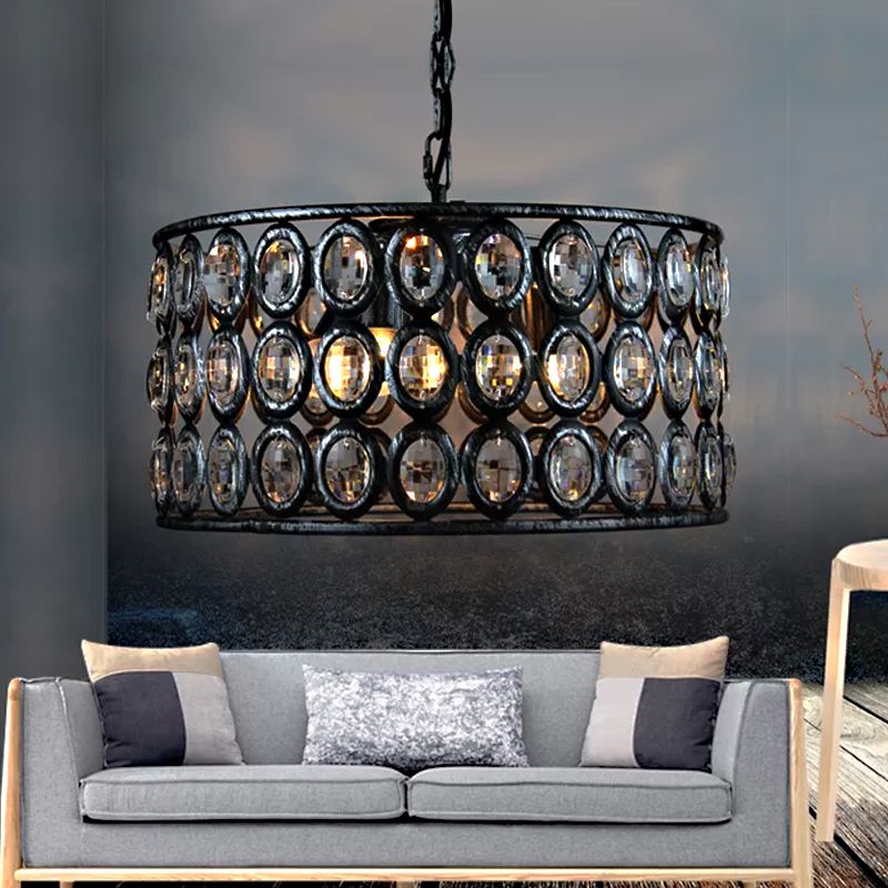 Black Drum Ceiling Lamp Vintage 3 Lights Metal and Crystal Chandelier Light for Living Room