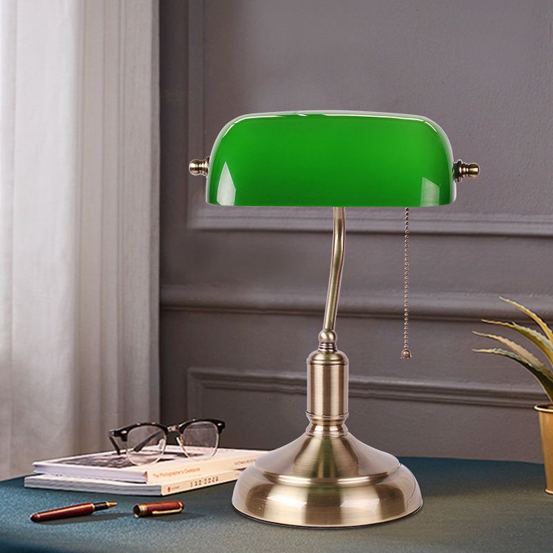 Single Swivelable Shaded Table Lighting Retro Green Glass Nightstand Lamp with Pull Chain in Polished Brass