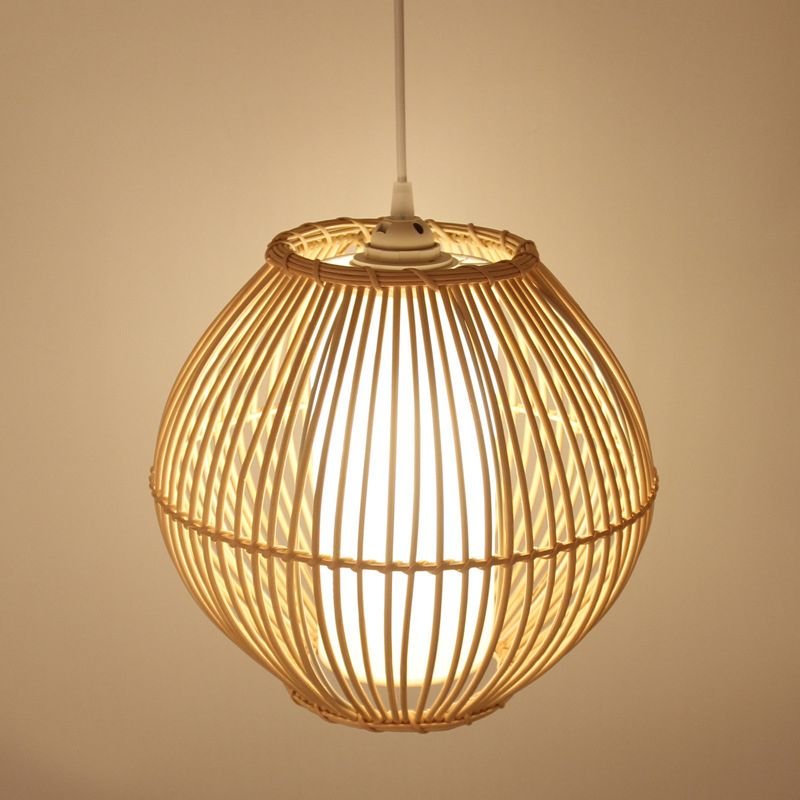 Bamboo Curved Hanging Light Japanese 1 Bulb Beige Pendant Lighting Fixture for Dining Room