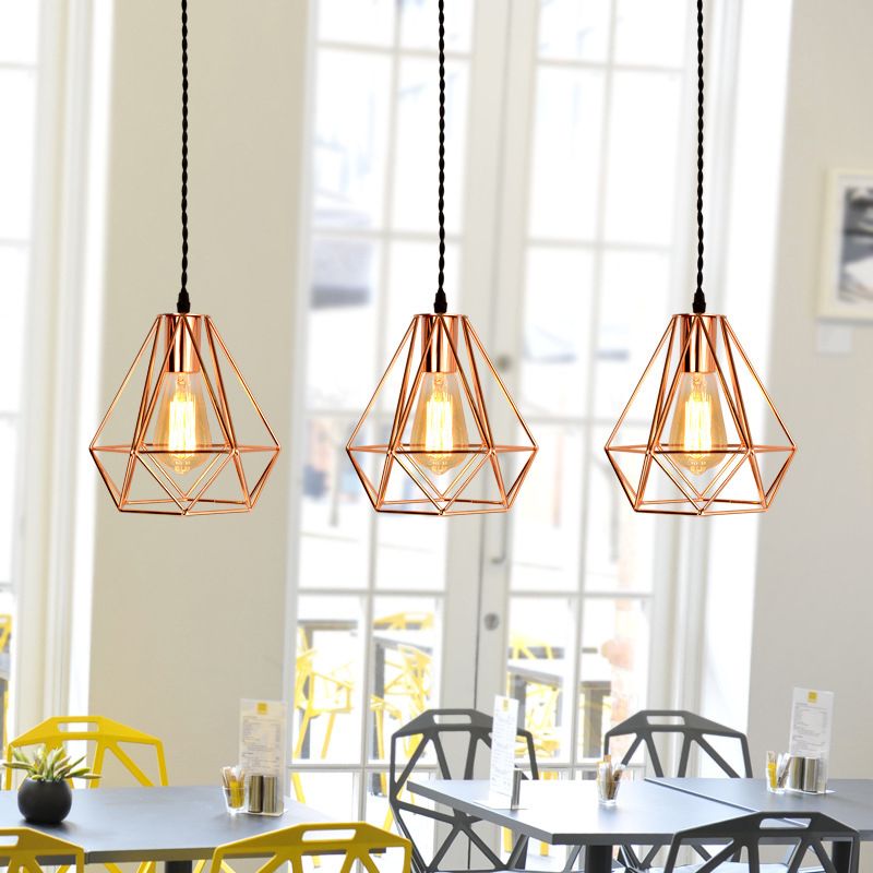 Diamond Cage Hanging Ceiling Light Simple Metal Dinning Room Pendant Lighting in Copper