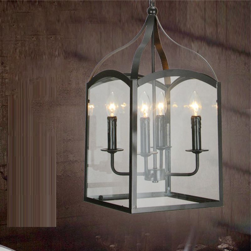 Black 4-Light Pendant Light in Industrial Classic Style Wrought Iron Hanging Lamp with Glass Shade