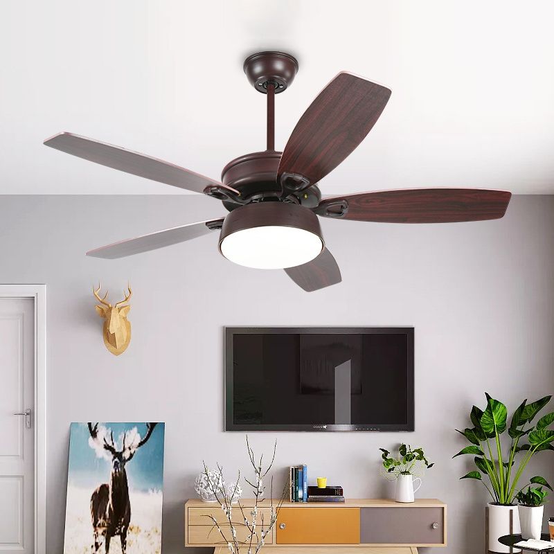 Drum Metallic Ceiling Fan Light Vintage Living Room 50" Wide LED Semi Flush Lamp in Coffee with Acrylic Shade, 5 Blades