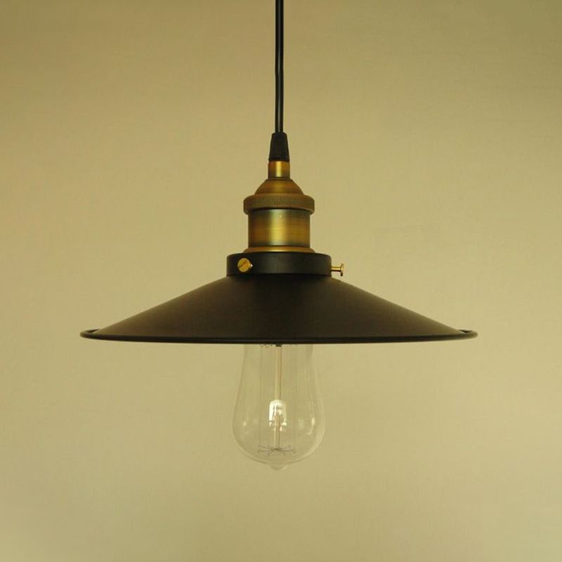 Factory Flying Saucer Ceiling Pendant 8.5"/12" Wide Single-Bulb Metal Hanging Lamp in Black