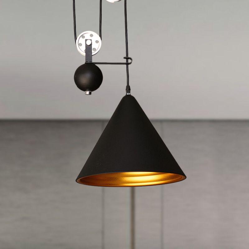 Black/White Finish Conical Hanging Lamp with Pulley Industrial Style Metal 1 Light Farmhouse Pendant Lighting