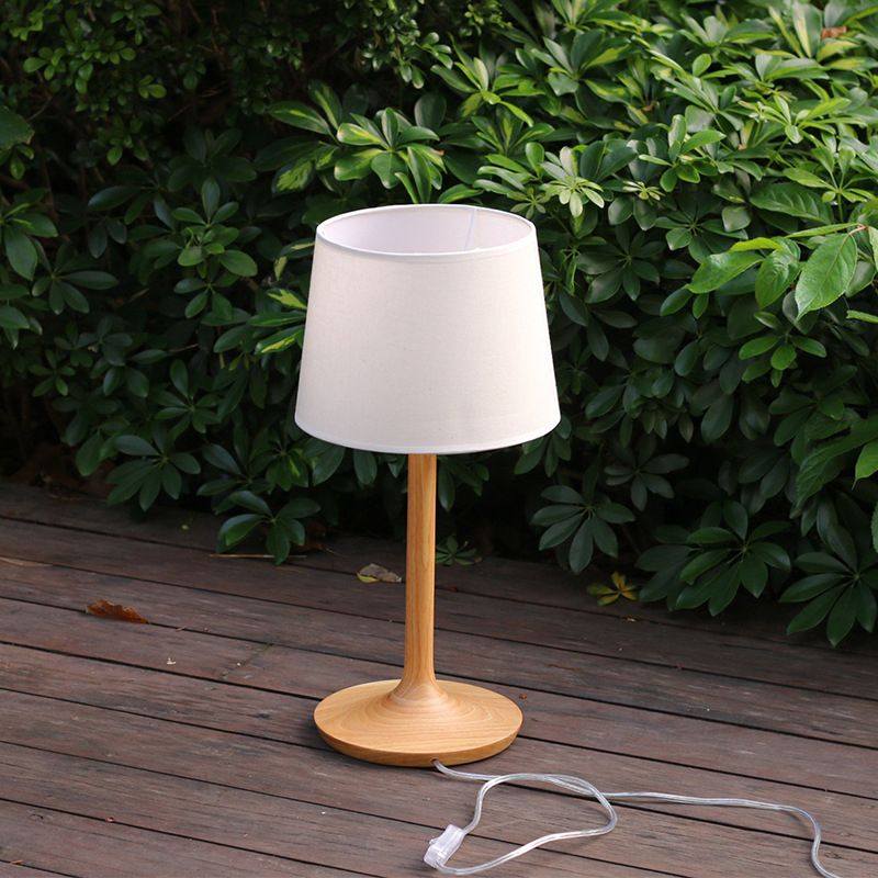 1-Bulb Bedside Table Light Minimal Wood Nightstand Lamp with Bucket Fabric Shade