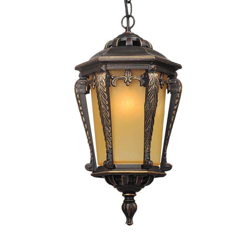 Bronze 1 Head Pendant Light Lodge Yellow Glass Lantern Suspended Lighting Fixture for Outdoor