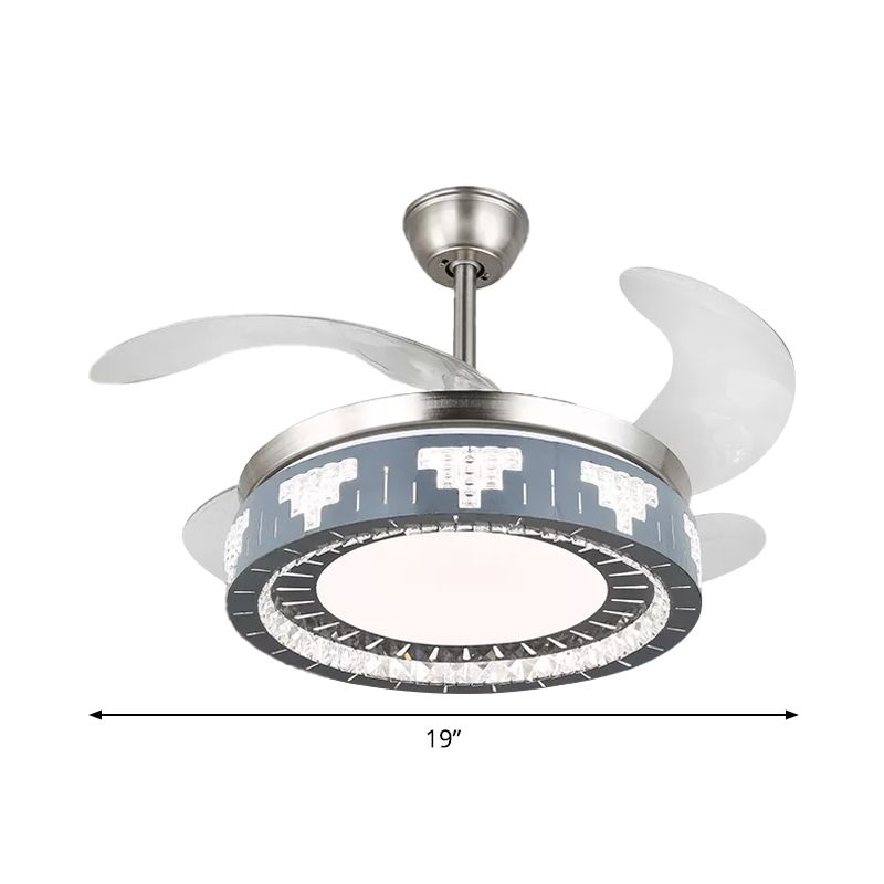 4-Blade Faceted Crystal Round Pendant Fan Light Modernity LED Silver Semi Mount Lighting, 19" Wide