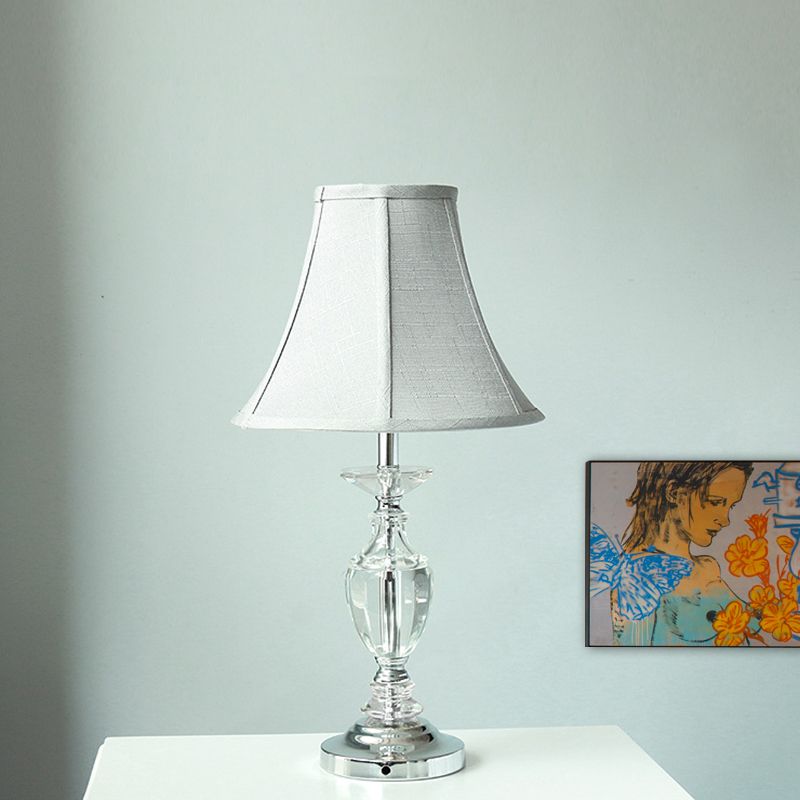 Light Blue Single Bulb Nightstand Light Rural Fabric Paneled Bell Table Lamp with Crystal Base