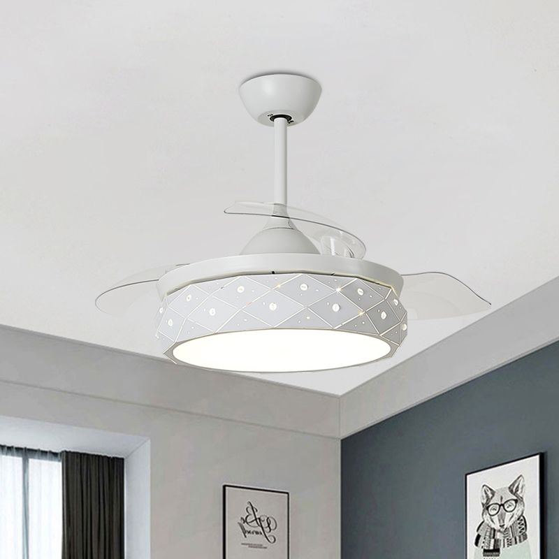 3-Blade Beveled Cut Drum LED Fan Lighting Modern White Metallic Semi Flush Mount Light Fixture, 19.5" Width