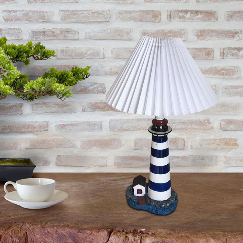 Lighthouse Shape Table Light Cartoon Resin 1 Light White and Black Night Lamp with Pleated Fabric Shade