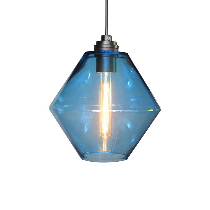 Single Light Diamond Shade Ceiling Pendant Light Vintage Black Orange/Blue/Green Glass Hanging Lamp