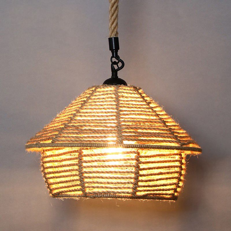 Wrapped Hemp Rope Hanging Lamp Vintage Single-Bulb Restaurant Lighting Pendant in Brown