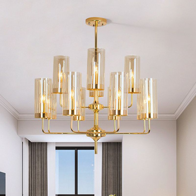 Cylindrical Up Chandelier Postmodern Glass Brass Finish Hanging Light for Living Room