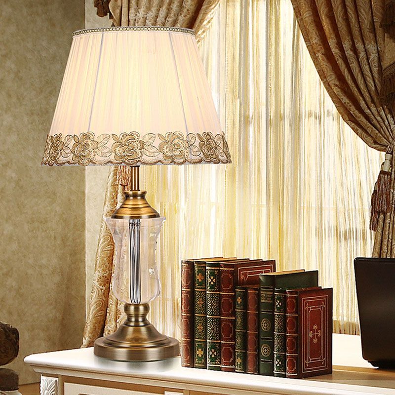 Crystal Conical Nightstand Light Traditionalism 1 Light Bedroom Table Lamp in White with Braided Trim