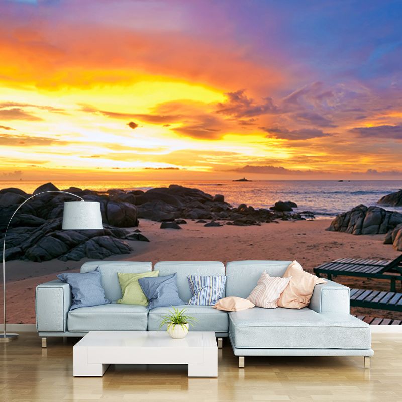 Sunset Coastal Beach Bench Mural Tropical Non-Woven Material Wall Decor in Yellow