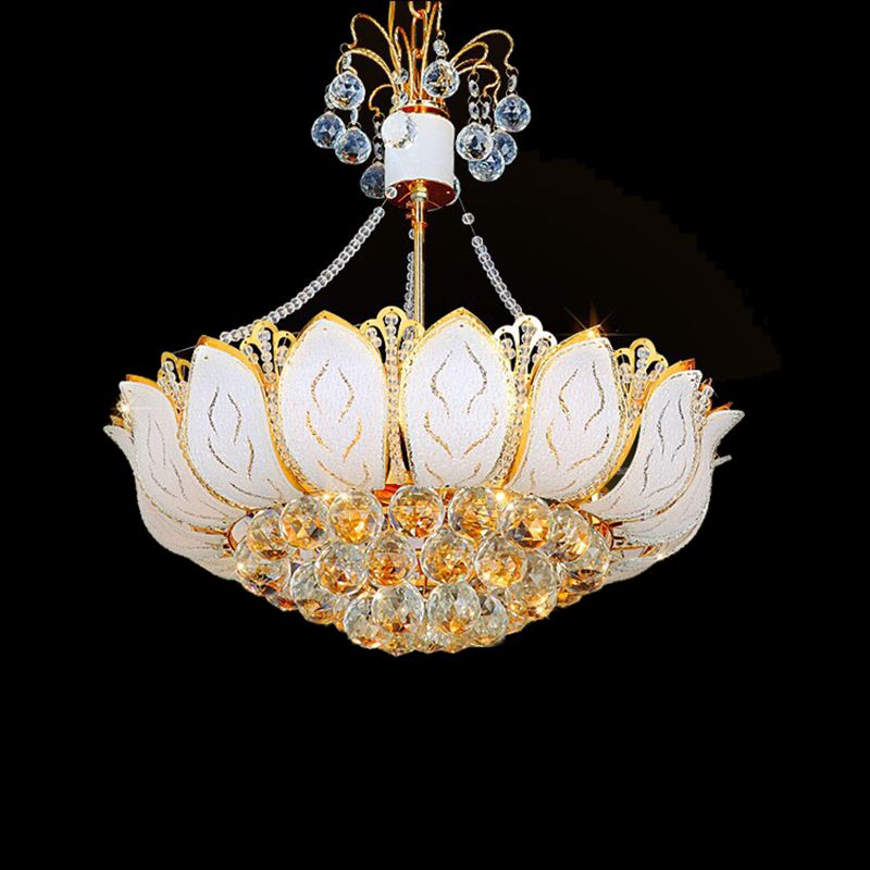 Lotus Hanging Light Fixture Contemporary Faceted Crystal Ball 3/Multi Lights Gold Chandelier Light, 16"/19.5"/23.5" Wide