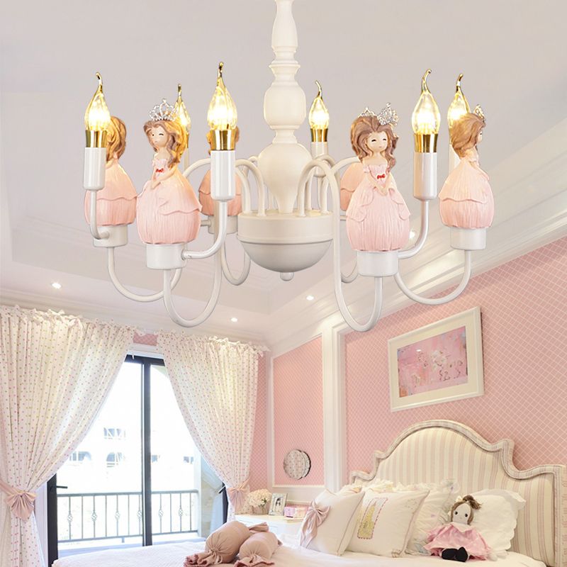 Cartoon Candle Hanging Ceiling Lamp with Princess Metal Pink Hanging Chandelier for Girl's Room