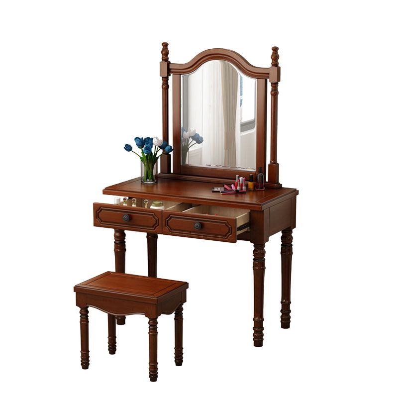 Traditional 2-Drawer Wood Dressing Table with Mirror Makeup Vanity Stool