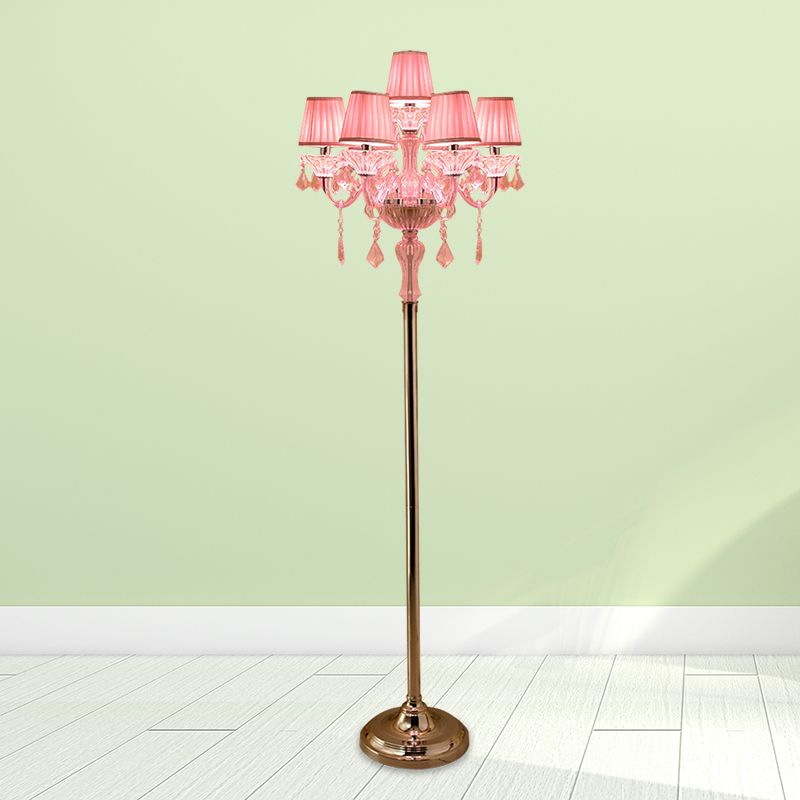 Crystal Pink Floor Reading Lamp Candlestick 5/6/7-Head Traditional Standing Light with Pleated Lampshade