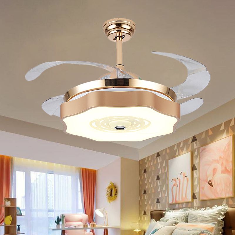 Acrylic Bloom Ceiling Flush Modernist Gold 4 Blades LED Hanging Fan Light, 42" Width