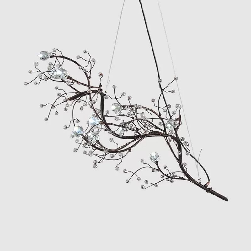 Metallic Thin Branch Chandelier with Crystal Bead 10 Lights Romantic Suspension Light for Boutique