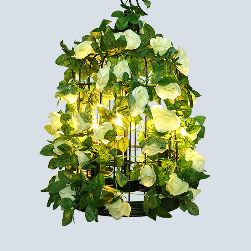 Single-Bulb Pendant Light Antique Cage Iron Hanging Light Fixture with Decorative Plant