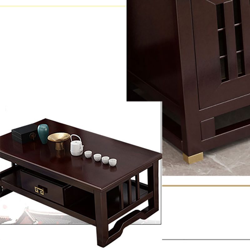 Traditional TV Media Stand Open Shelving Rubberwood TV Stand Console with Drawers