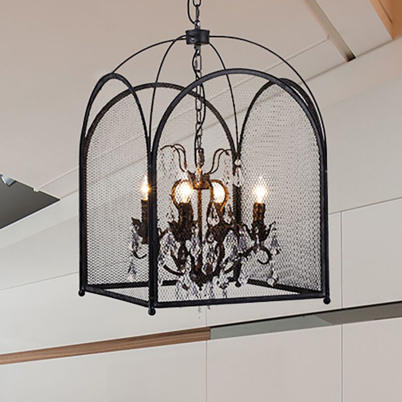 Mesh Cage Chandelier Lamp Modernism Crystal 4 Heads Hanging Light Kit in Black for Living Room