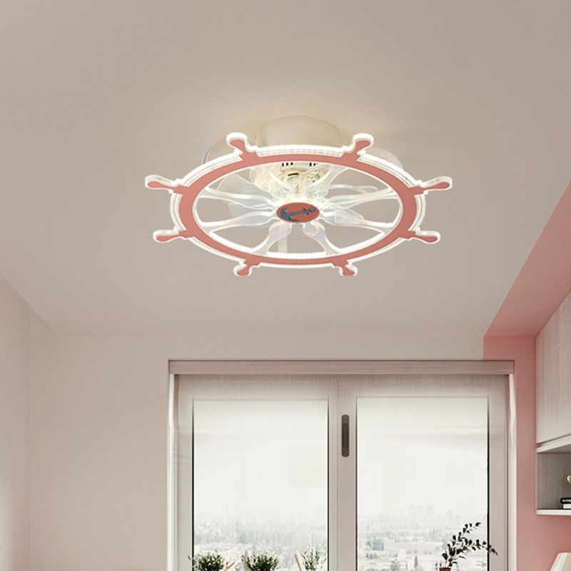 7 Blades Steering Wheel Semi Flush Ceiling Light Modernist Acrylic Nursery Room LED Pendant Fan Light in Pink/Blue, 23" Wide