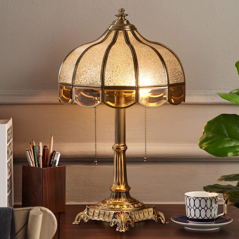 Water Glass Bowl Nightstand Light Traditional 2-Bulb Bedroom Table Lamp with Pull Switch in Brass