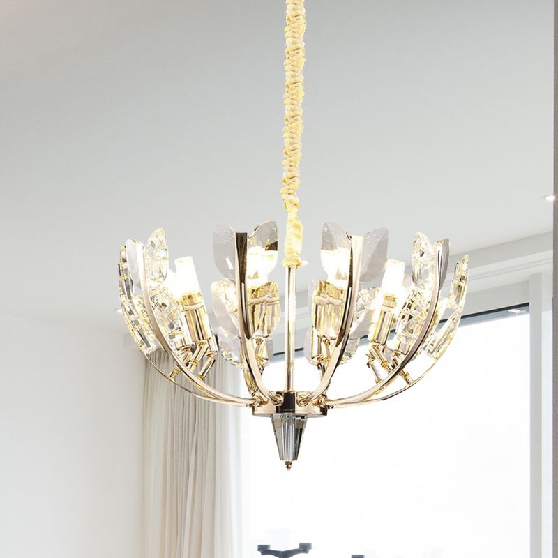 Modernism Curved Arm Hanging Ceiling Light Leaf Crystal 8/10 Heads Dining Room Chandelier Lamp in Brushed Brass, 18"/21.5" Wide